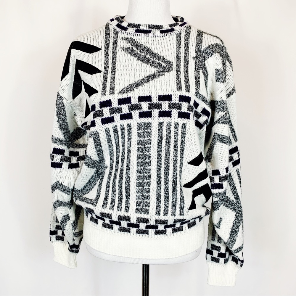 90s Gabrielle Leather Trim Geo Oversized Sweater